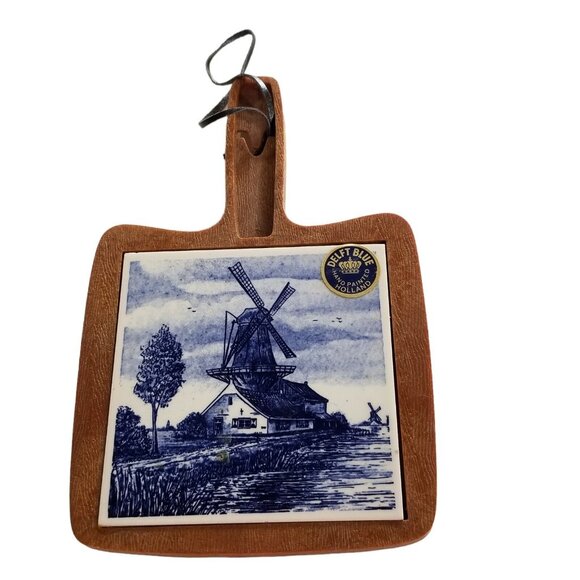 Vintage Delft Blue Hand painted Tile Trivet Wall Hanging Made In Holland - Picture 3 of 8